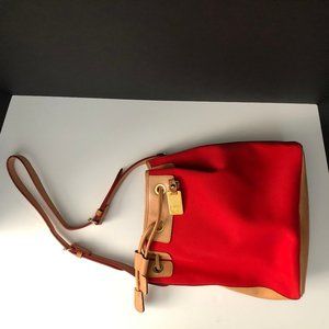 NEW Dooney & Bourke canvas duffle sak handbag - red with tan leather